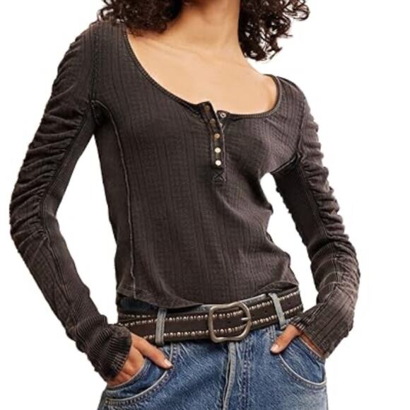 Free People Tops - Free People We the Free Hope Henley Top, Black, Size Large